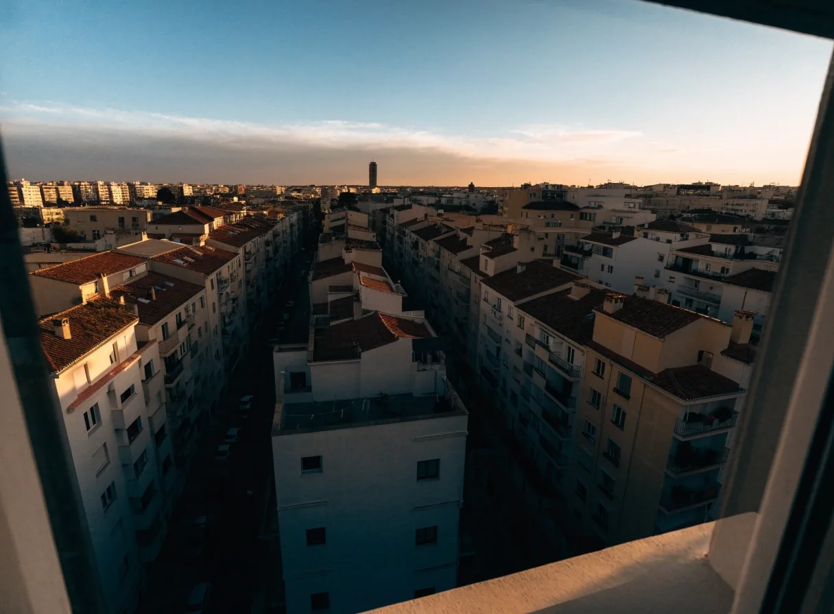 Línea de tejados densa de una gran área metropolitana española vista desde arriba al atardecer