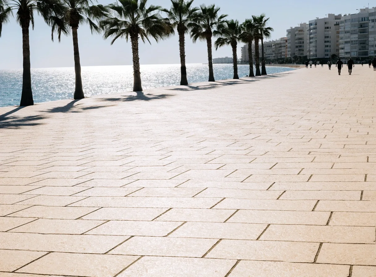 Paseo marítimo de Málaga al mediodía con palmeras y edificios bajos junto al mar