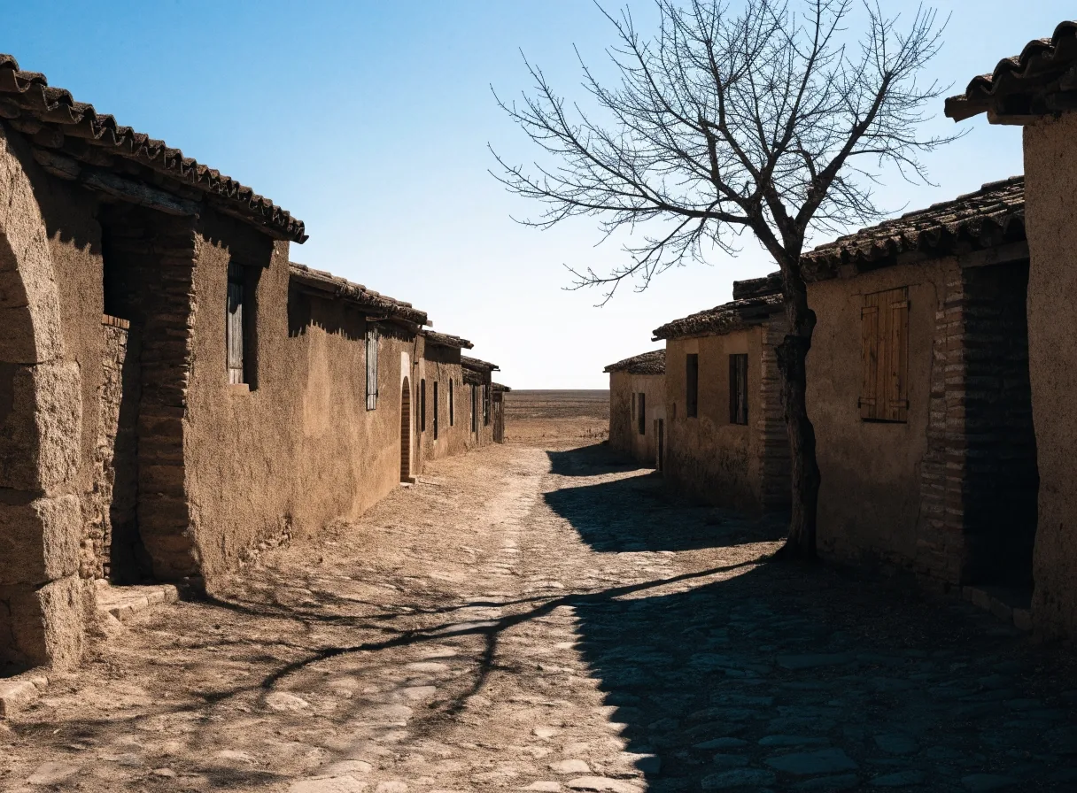 Calle estrecha de piedra en un pueblo del interior seco de Aragón a mediodía, con casas bajas y teja árabe