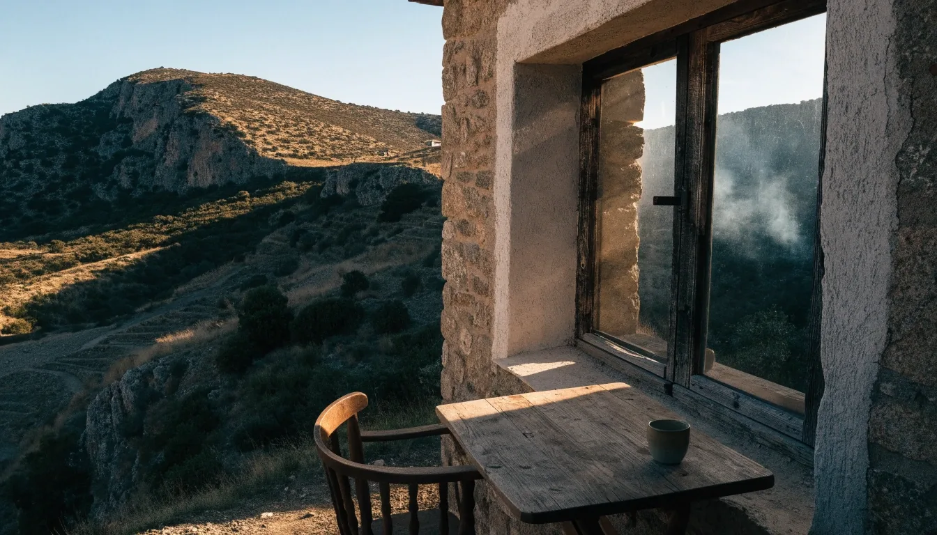Casa de piedra rehabilitada en el borde de un pueblo de montaña, con una ventana abierta al valle y una mesa de madera