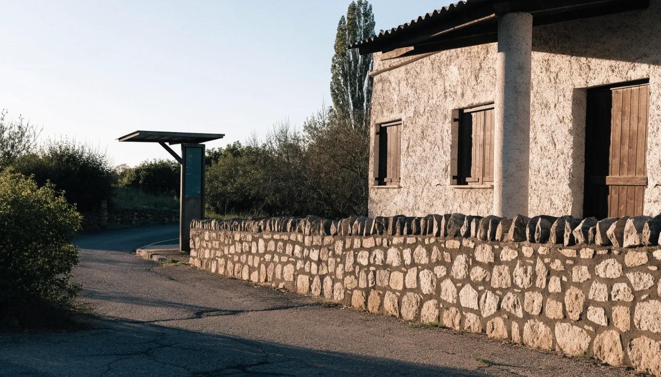 Esquina de un pueblo pequeño con una escuela cerrada, una marquesina de autobús sin panel y un muro de piedra baja