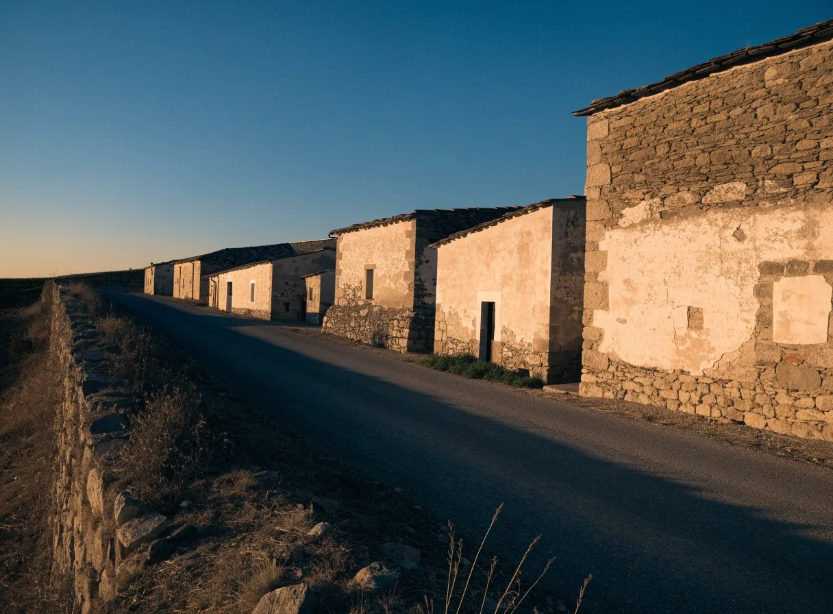 Orilla de un pueblo de piedra del interior castellano al atardecer, con una carretera vacía junto a casas bajas y un muro de campo