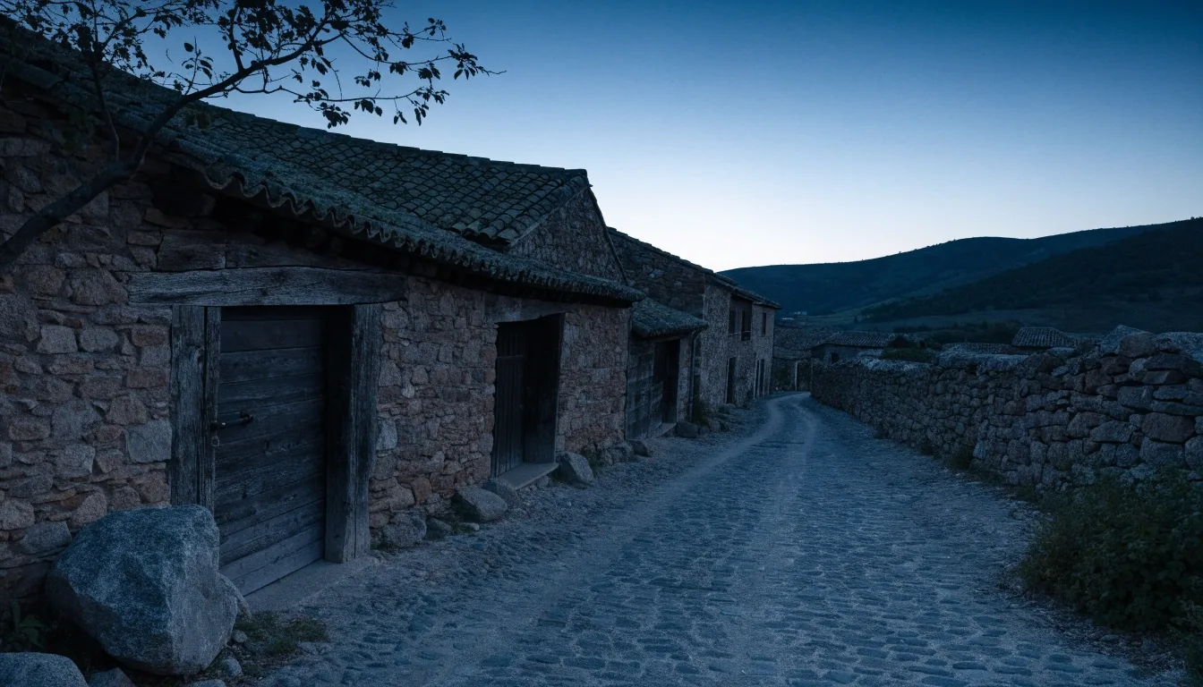 Borde de un pueblo del interior al anochecer, con una calle de casas de piedra