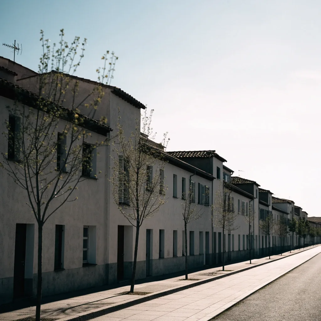 Calle de un municipio del entorno de Madrid con bloques bajos de viviendas