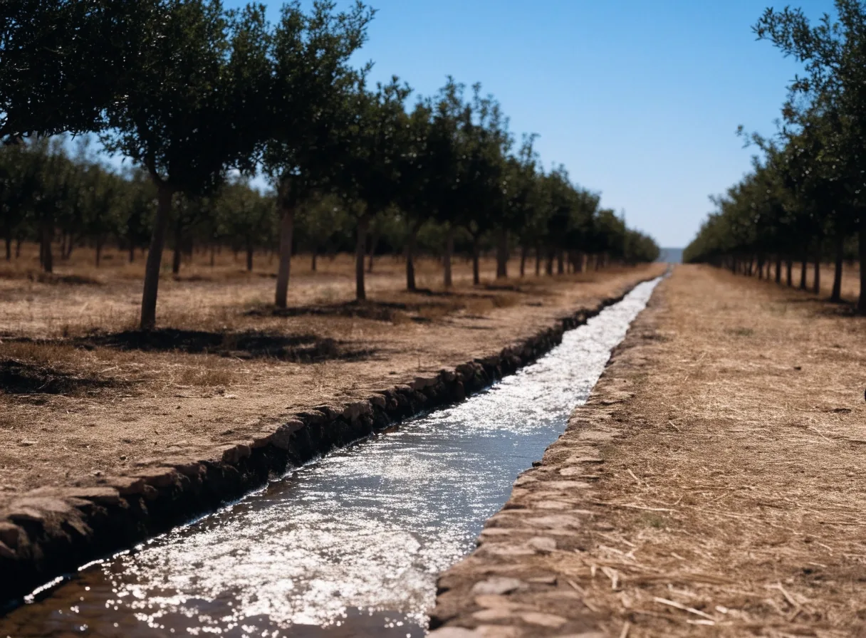 Canal de riego entre frutales en Murcia con agua corriendo