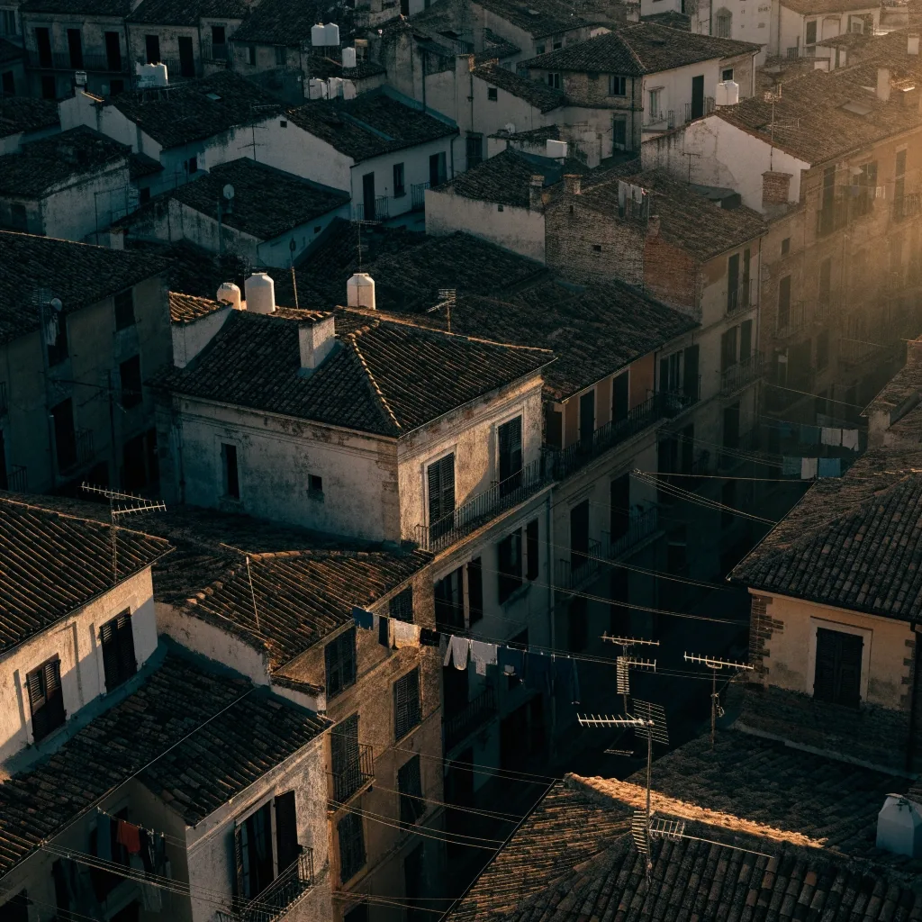 Cubiertas de un barrio denso de Sevilla al atardecer, con tejas y antenas