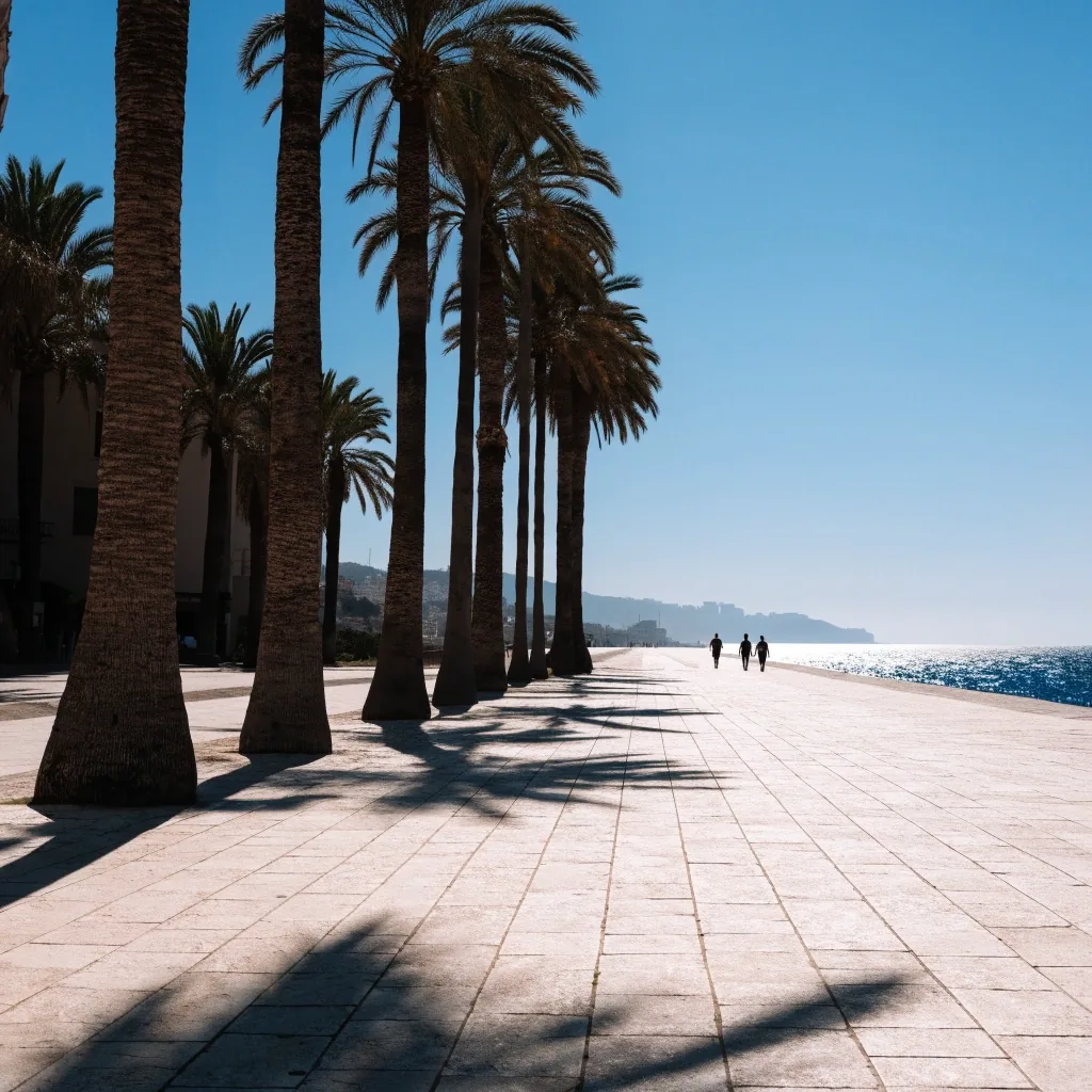 Paseo marítimo de Málaga a mediodía, con palmeras y brillo del mar al fondo