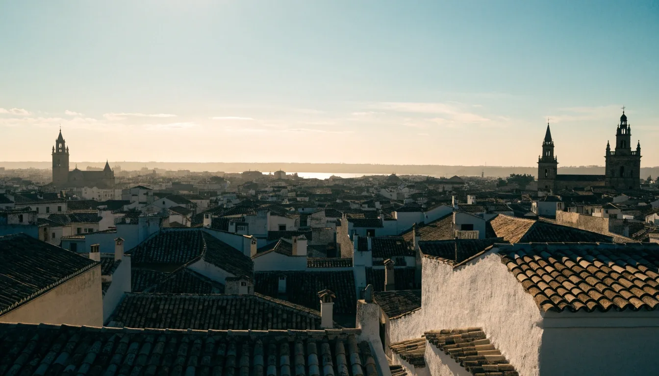 Vista sobre las cubiertas de Sevilla hacia el río al atardecer