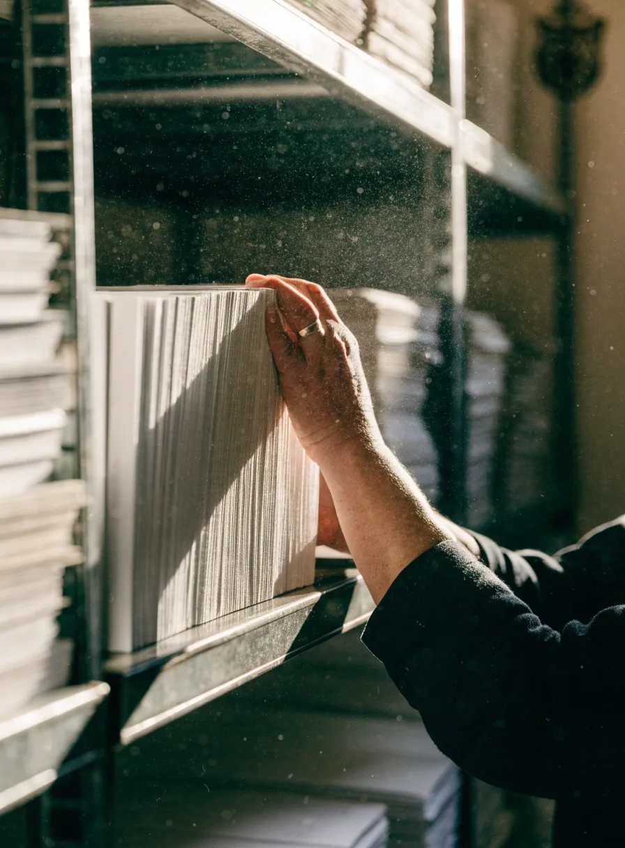 Mesa de trabajo con papel, lupa y lápiz en una sala de archivo española