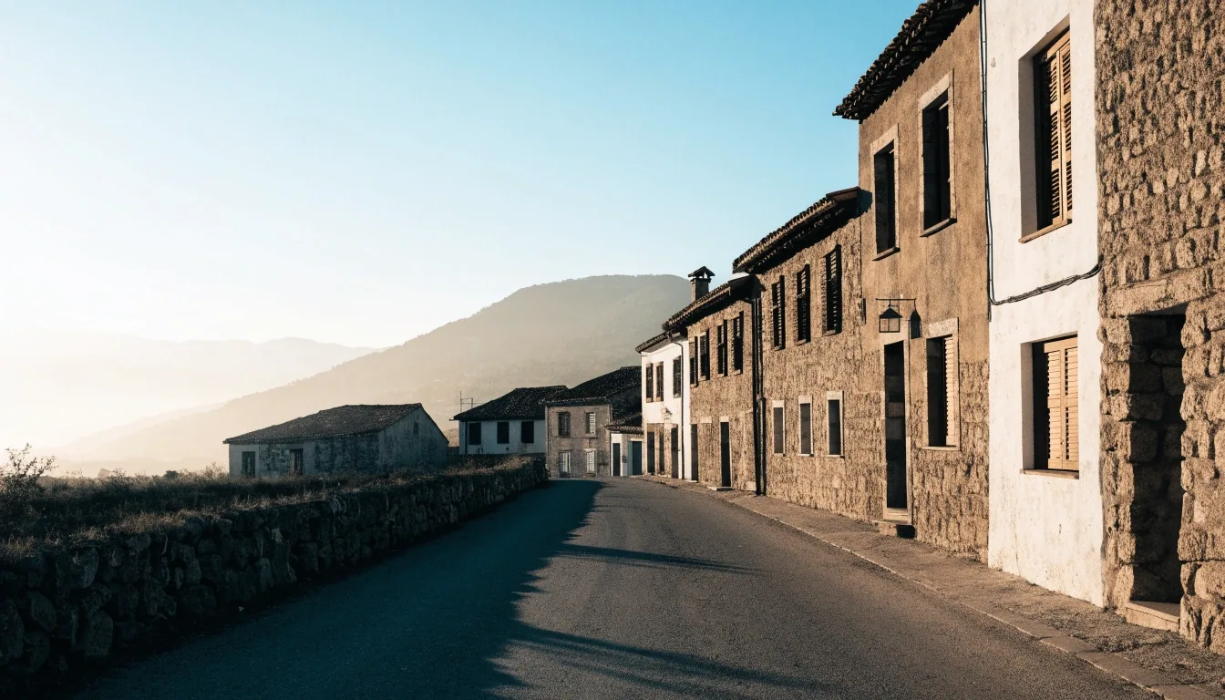 Calle de un municipio pequeño del interior al amanecer, con casas de piedra y una carretera vacía