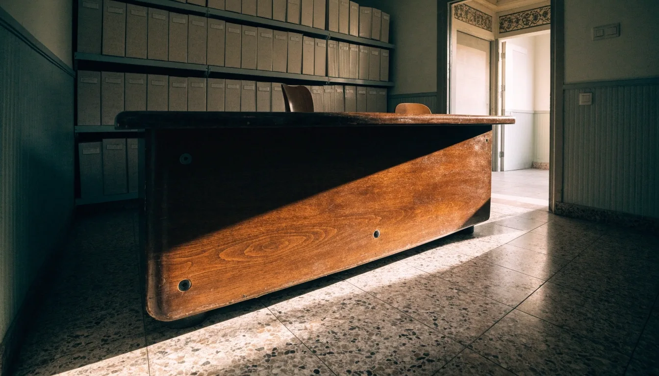Mostrador de atención de una oficina municipal con luz de tarde y cajas de archivo cerradas