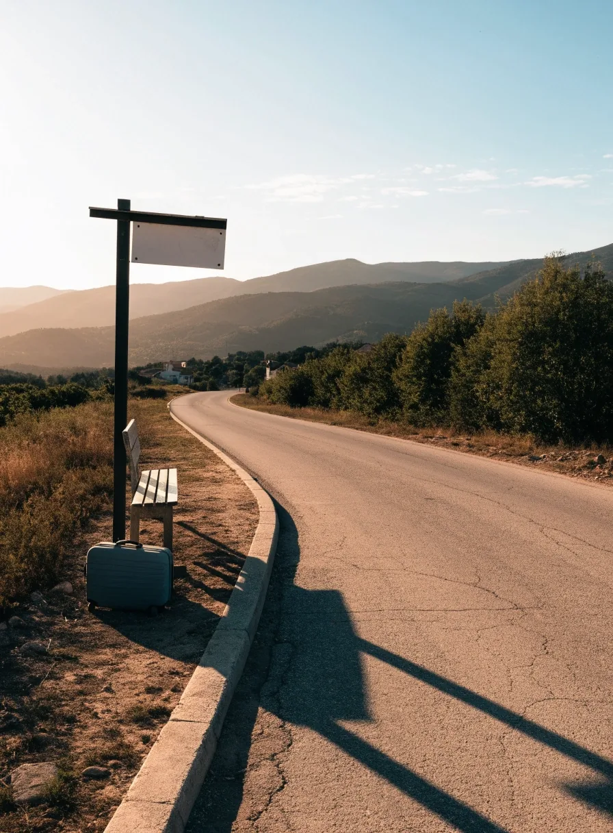 Calle al borde de un pueblo del interior al atardecer, con casas de piedra y la carretera vacía