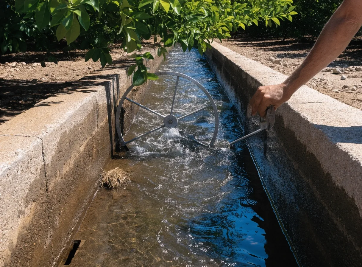 Canal de riego en un huerto de Murcia con una mano abriendo la compuerta