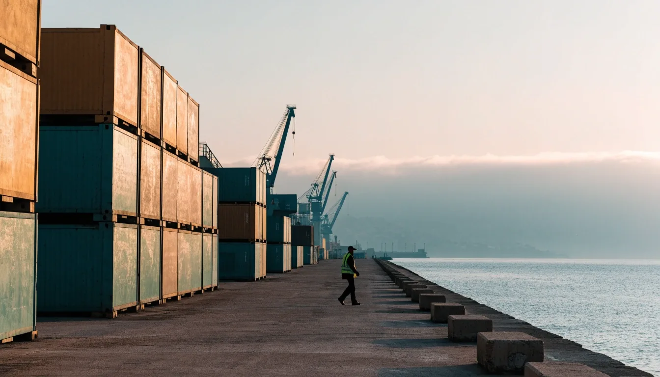 Muelle canario al amanecer con bloques de contenedores, grúas y niebla marina