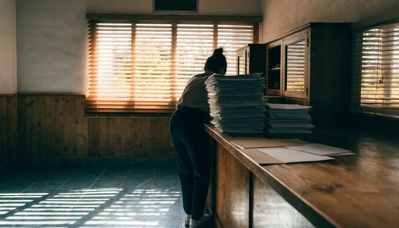 Oficina municipal en Alicante: una persona ordena carpetas sin rótulos junto a un mostrador de madera